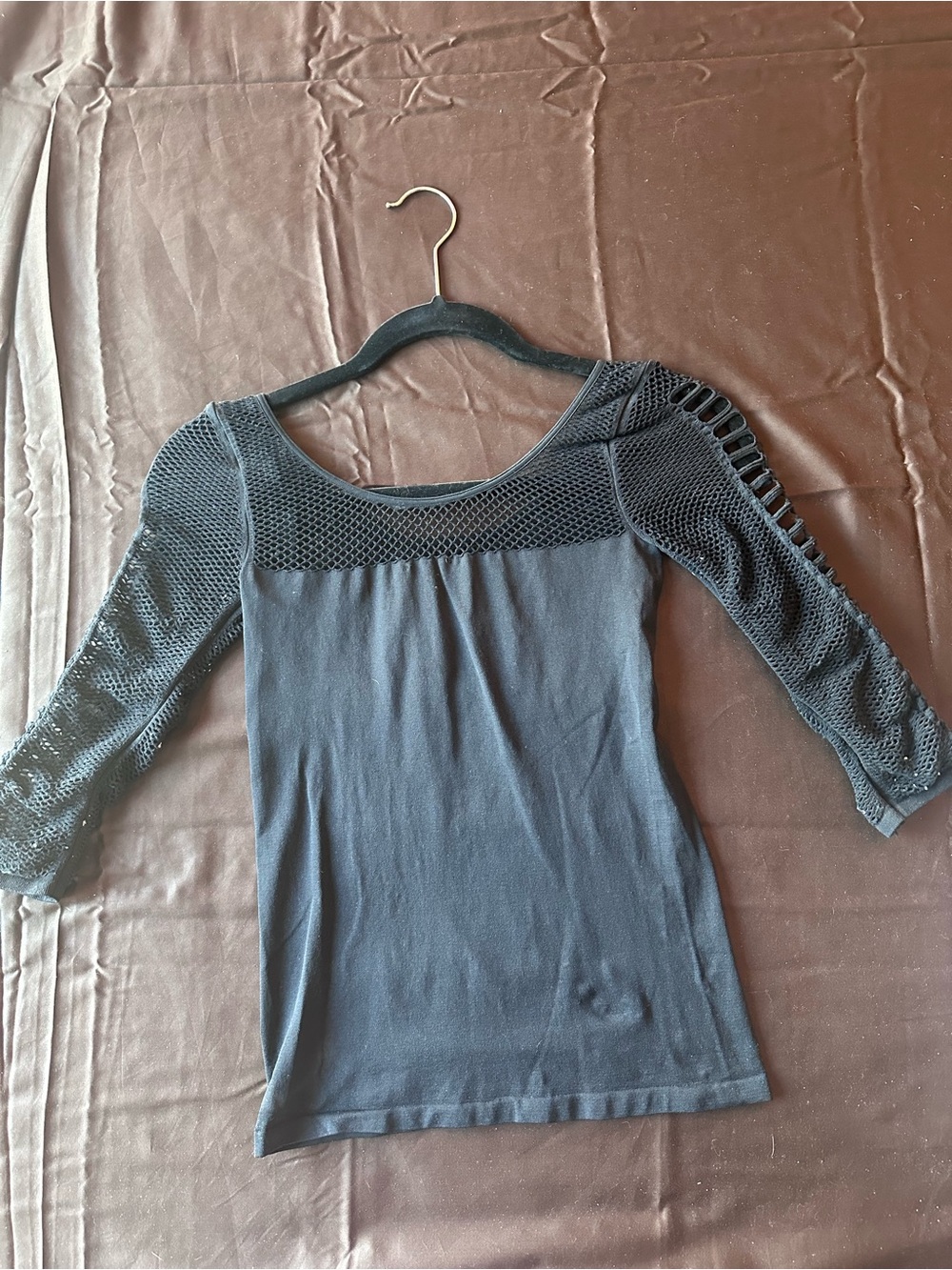 bebe Black Scoop Neck Top with Crochet Mesh Sleeves